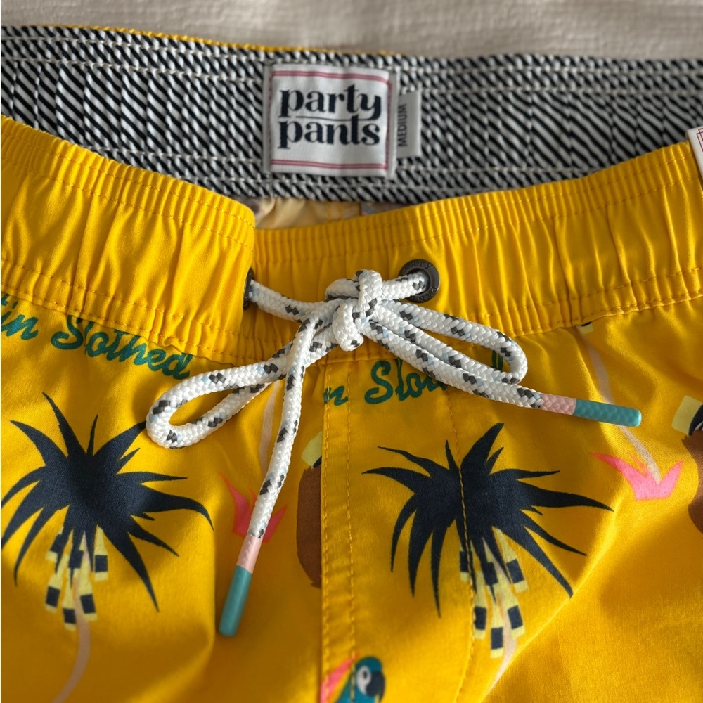 Men’s "Gettin' Slothed" swim trunks from Party Pants. Yellow Size M - Picture 2 of 6